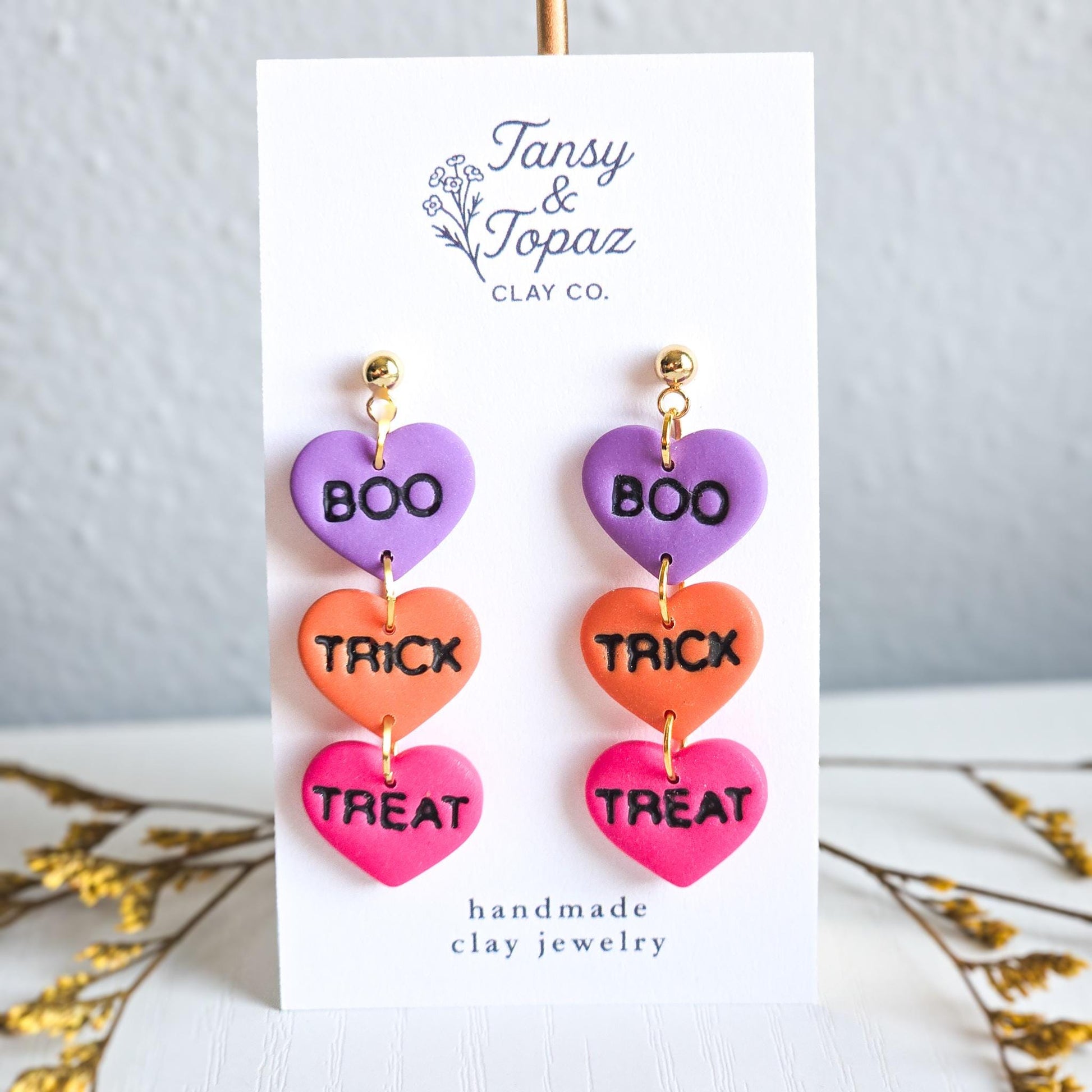 Halloween Earrings, Boo Earrings, Trick or Treat Earrings, Fall Jewelry, Polymer Clay Earrings: Halloween Dangle Earrings, Heart Shape