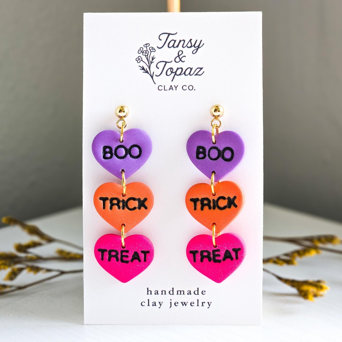 Halloween Earrings, Boo Earrings, Trick or Treat Earrings, Fall Jewelry, Polymer Clay Earrings: Halloween Dangle Earrings, Heart Shape