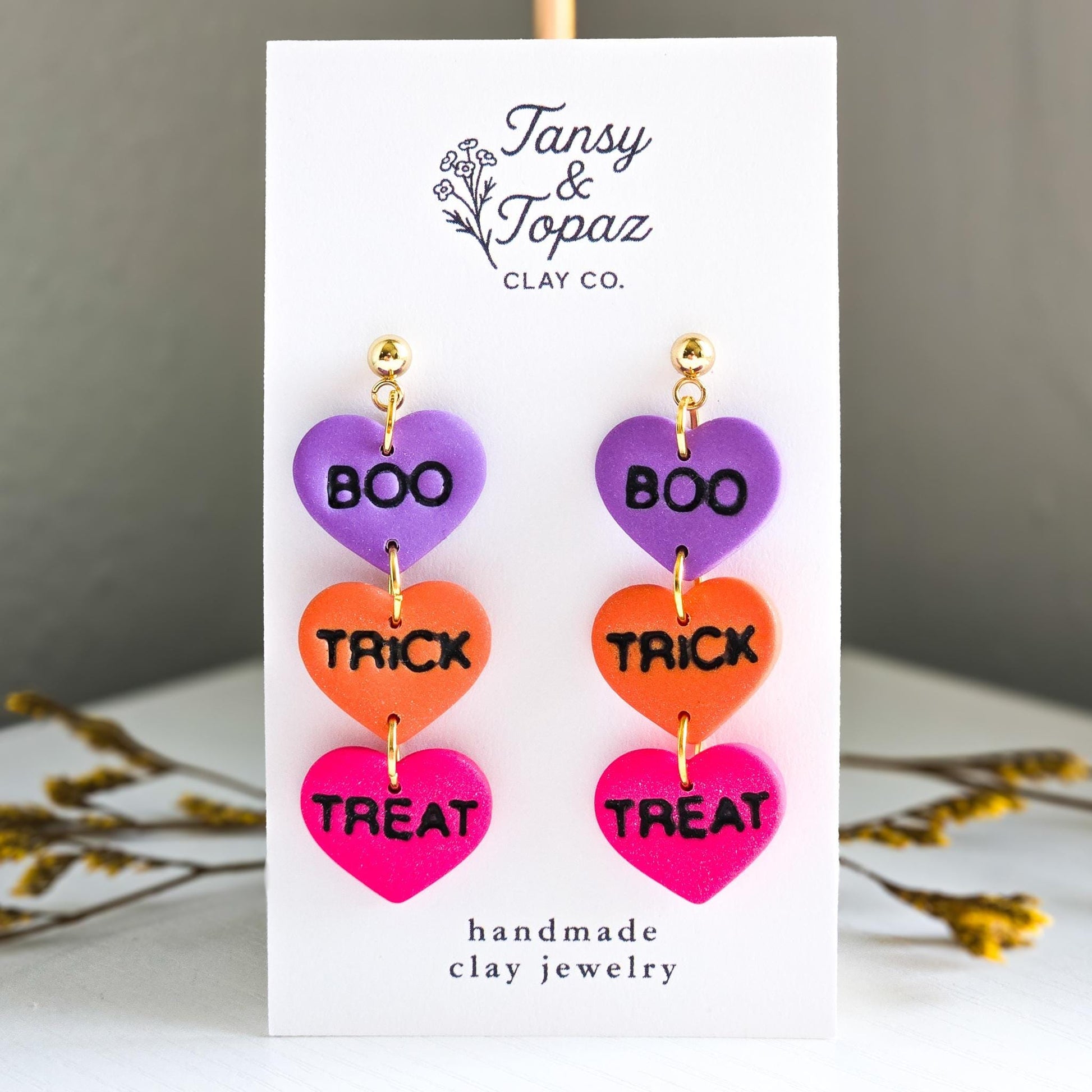 Halloween Earrings, Boo Earrings, Trick or Treat Earrings, Fall Jewelry, Polymer Clay Earrings: Halloween Dangle Earrings, Heart Shape