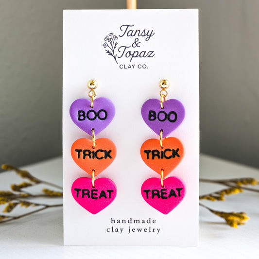 Halloween Earrings, Boo Earrings, Trick or Treat Earrings, Fall Jewelry, Polymer Clay Earrings: Halloween Dangle Earrings, Heart Shape
