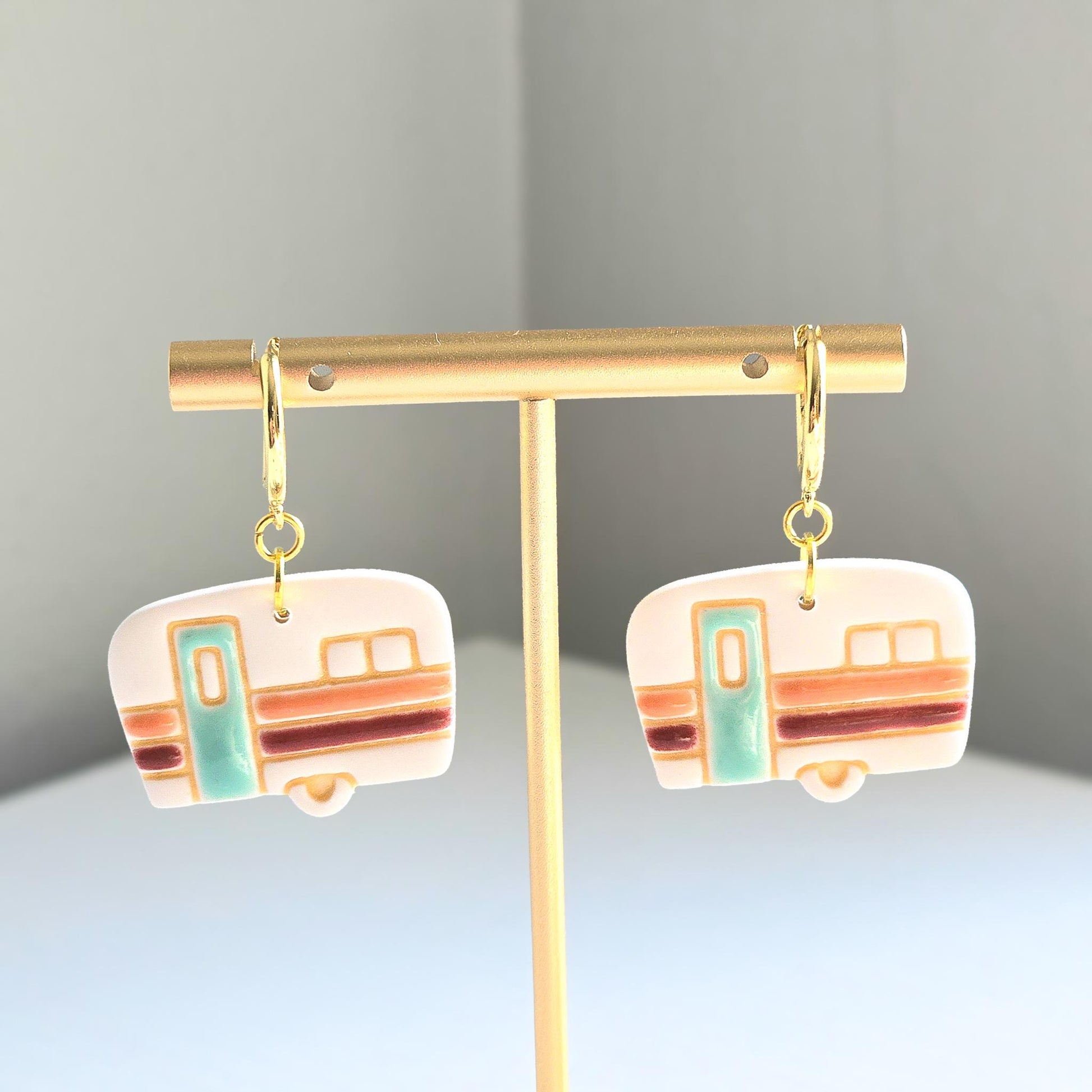 Fall Jewelry, Retro Camper Earring, Gold Huggie Earrings, Polymer Clay Earrings: Gold Hoop Earrings, Gold Statement Earrings, Vintage Style