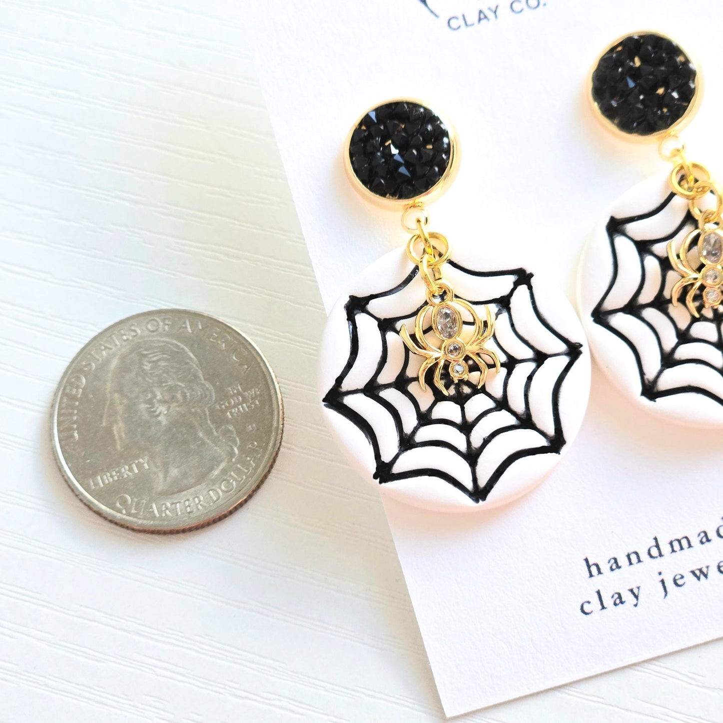 Halloween Earrings, Spider Web Earrings, Fall Jewelry, Black Druzy Earrings, Gold Statement Jewelry, Polymer Clay Earrings, Handmade Jewelry