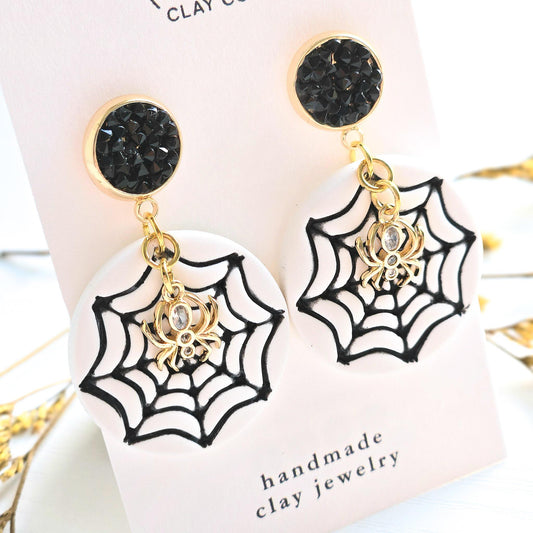 Halloween Earrings, Spider Web Earrings, Fall Jewelry, Black Druzy Earrings, Gold Statement Jewelry, Polymer Clay Earrings, Handmade Jewelry
