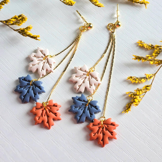 Fall Earrings, Fall Jewelry, Polymer Clay Leaf Dangle, Gold Statement Earrings, Fall Dangle Earrings, Colorful Maple Leaves, Gift for Her