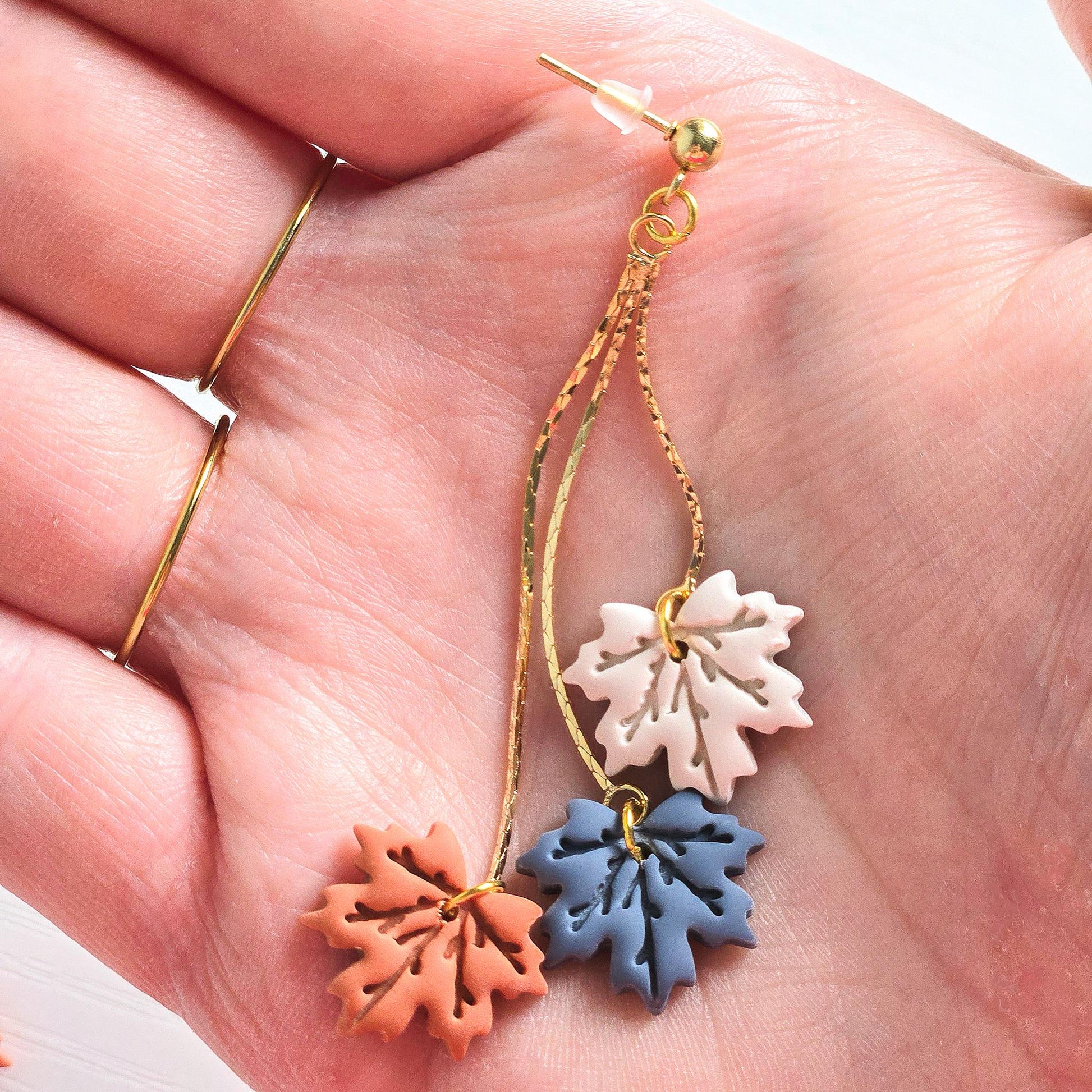 Fall Earrings, Fall Jewelry, Polymer Clay Leaf Dangle, Gold Statement Earrings, Fall Dangle Earrings, Colorful Maple Leaves, Gift for Her