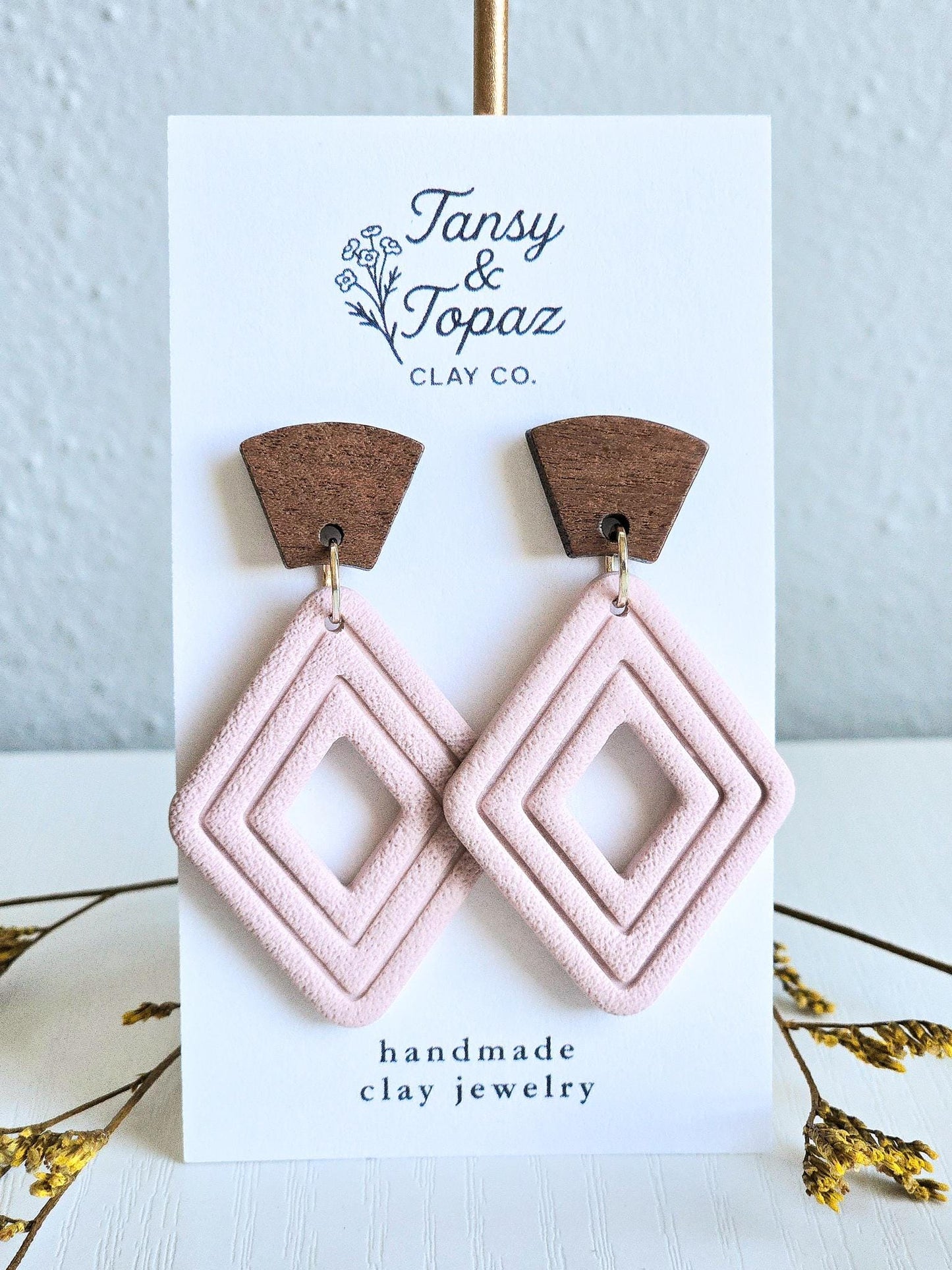 Fall Earrings, Polymer Clay Earrings: The Jill - Wood Post Earring, Stainless Steel Jewelry, Diamond Embossed Clay Jewelry, Gift for Her