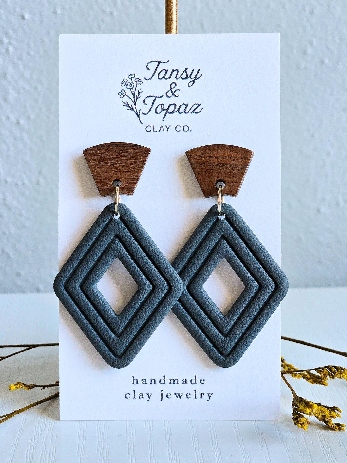 Fall Earrings, Polymer Clay Earrings: The Jill - Wood Post Earring, Stainless Steel Jewelry, Diamond Embossed Clay Jewelry, Gift for Her