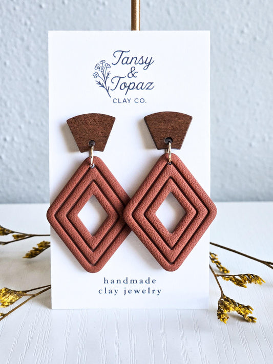 Fall Earrings, Polymer Clay Earrings: The Jill - Wood Post Earring, Stainless Steel Jewelry, Diamond Embossed Clay Jewelry, Gift for Her