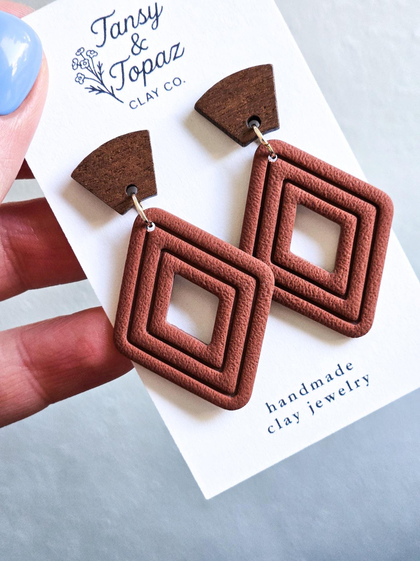 Fall Earrings, Polymer Clay Earrings: The Jill - Wood Post Earring, Stainless Steel Jewelry, Diamond Embossed Clay Jewelry, Gift for Her