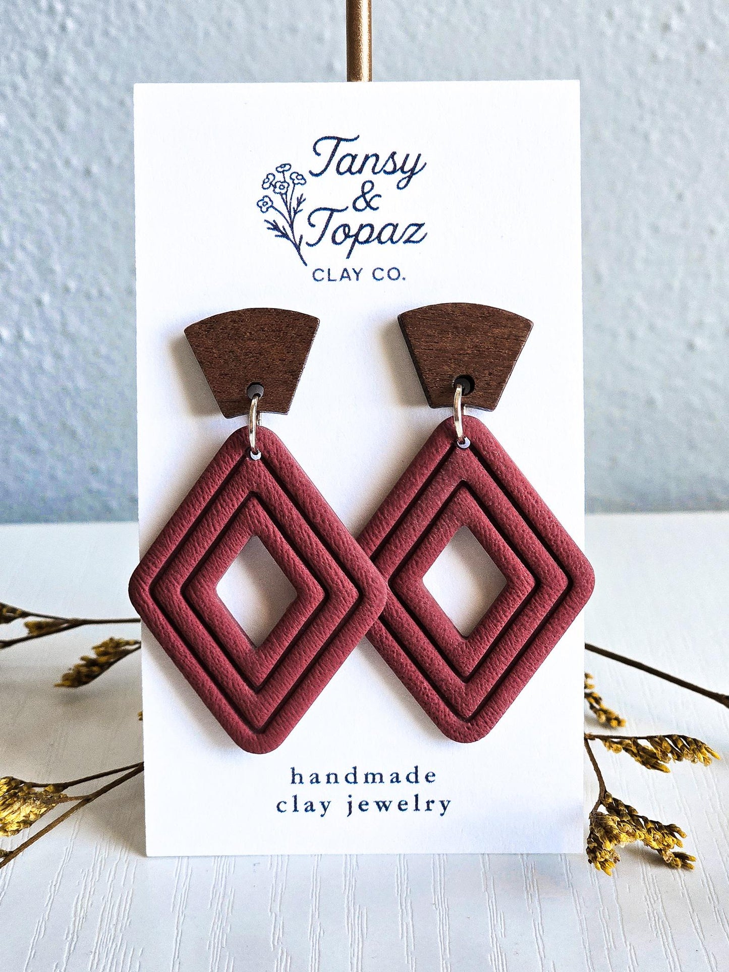 Fall Earrings, Polymer Clay Earrings: The Jill - Wood Post Earring, Stainless Steel Jewelry, Diamond Embossed Clay Jewelry, Gift for Her