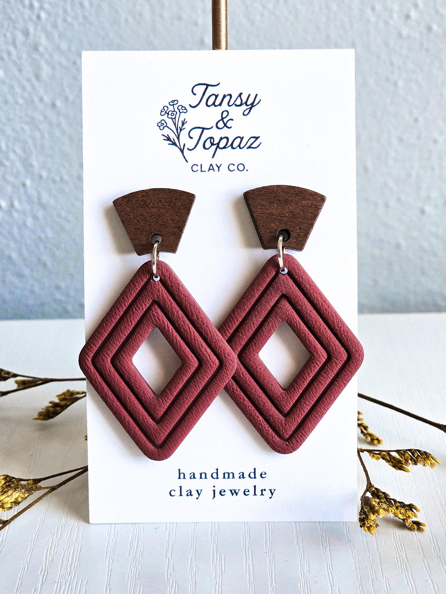 Fall Earrings, Polymer Clay Earrings: The Jill - Wood Post Earring, Stainless Steel Jewelry, Diamond Embossed Clay Jewelry, Gift for Her
