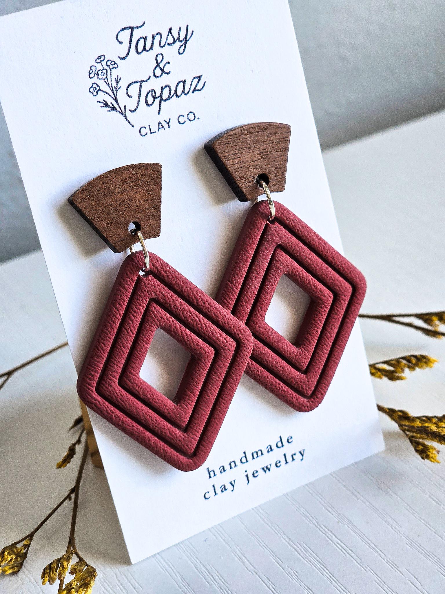 Fall Earrings, Polymer Clay Earrings: The Jill - Wood Post Earring, Stainless Steel Jewelry, Diamond Embossed Clay Jewelry, Gift for Her