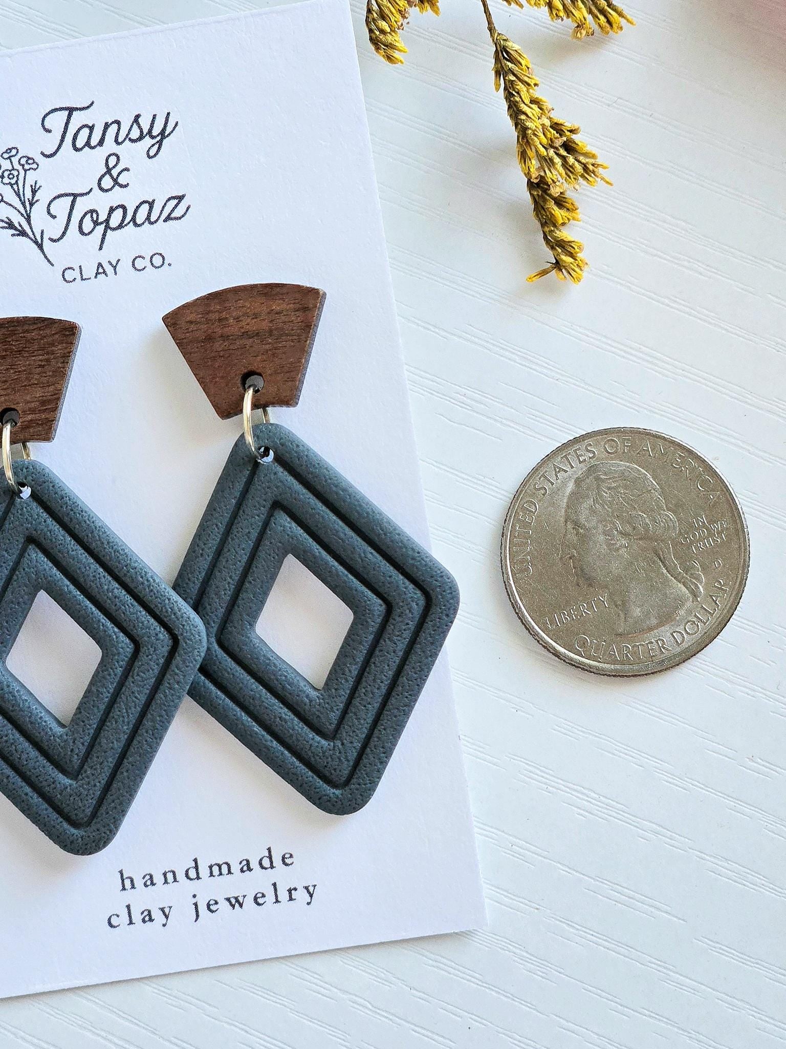 Fall Earrings, Polymer Clay Earrings: The Jill - Wood Post Earring, Stainless Steel Jewelry, Diamond Embossed Clay Jewelry, Gift for Her