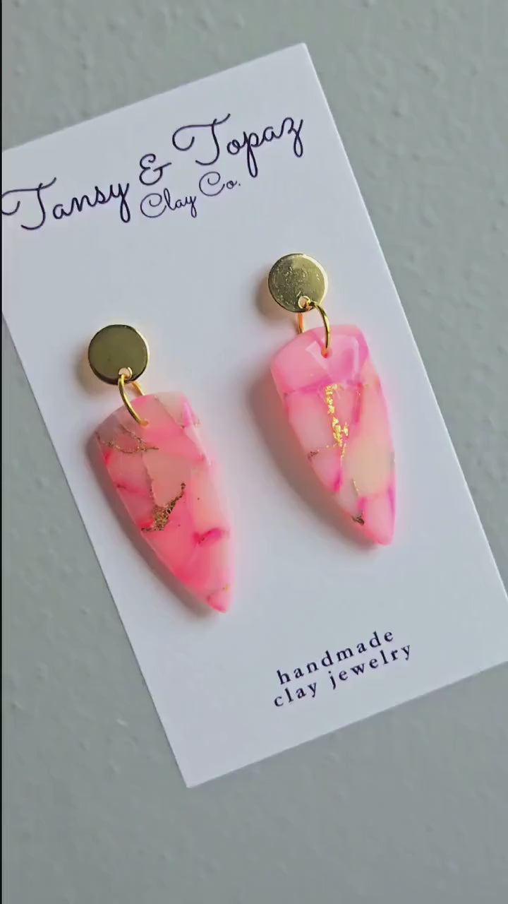 Pink Dangle Earrings, Polymer Clay Earrings: The Chandra - Marbled Clay Earrings, Dagger Earrings, Fall Earrings, Handmade Jewelry, Gift Her