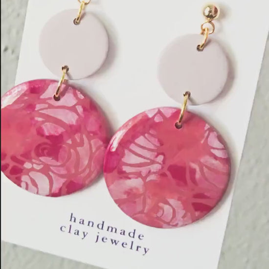 Polymer Clay Earrings: The Ruth - Pink Rose Earrings, Floral Statement Earrings, 18k Gold Jewelry, Gifts for Her, Flower Embossed Earrings