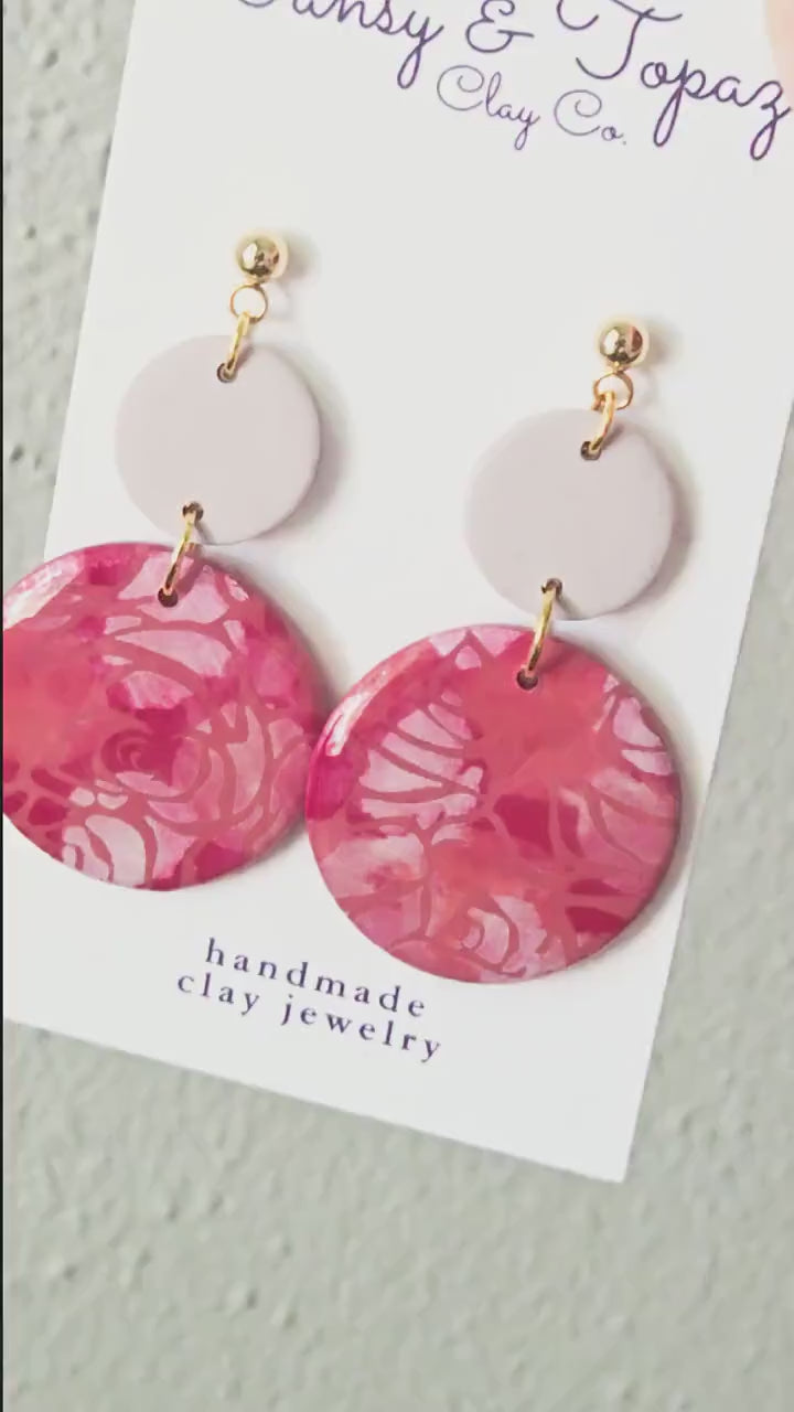 Polymer Clay Earrings: The Ruth - Pink Rose Earrings, Floral Statement Earrings, 18k Gold Jewelry, Gifts for Her, Flower Embossed Earrings